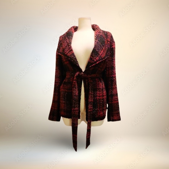 Lane Bryant Red and Black Plaid Wraparound Belted Jacket With Holiday Sparkle - Picture 2 of 9